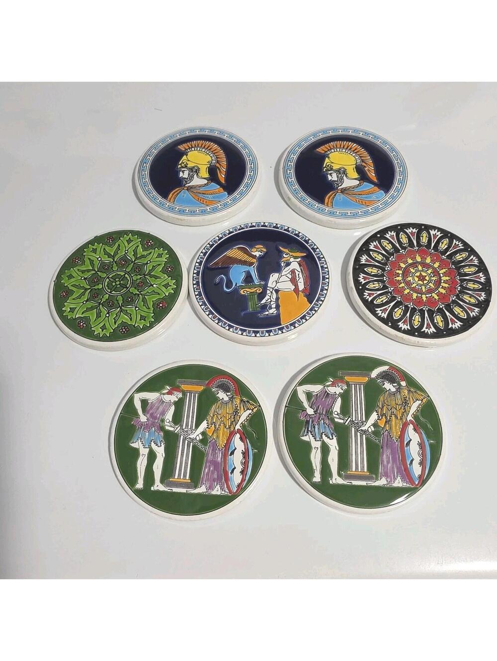 7 MCM vintage Hand Painted Ceramic Coasters Featuring Greek Mythology w Stand